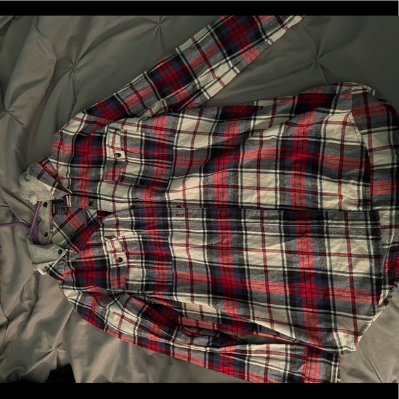 Flannel with removable hood. It is a size medium and red, blue, and white. - Picture 1 of 6